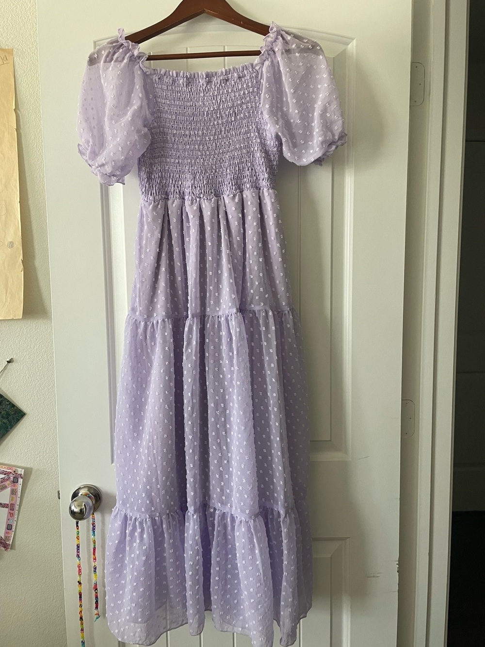Lilac Swiss Dot Maxi Dress for Girls - Puff Sleeve Smocked Bodice 10-12Y